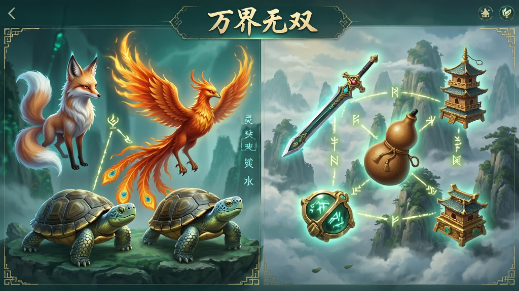 画面展示一个国风玄幻风格的灵宠与法宝展示界面,左侧是几只不同形态的灵宠如灵狐、火凤、玄龟,右侧漂浮着剑、葫芦、宝塔等法宝,背景为云雾缭绕的仙山,画面采用国风写实风格,色彩以青绿与金色为主,细节包含灵宠光效、法宝符文、羁绊连线与图鉴边框,排版为左右分区,画质高清,干净无多余元素,图片上方书写文字“万界无双”。