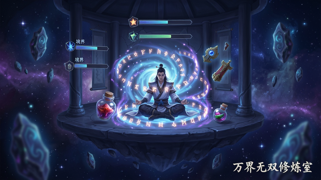 画面展现一座悬浮于星空中的修炼室,室内有打坐的修仙者,周身环绕灵气旋涡与符文光带,背景是浩瀚宇宙与漂浮的灵石,画面采用国风玄幻风格,色调以深蓝与紫色为主,细节包含灵气粒子、境界进度条、丹药瓶与法宝悬浮,排版为居中构图,画质高清,干净整洁,无多余元素,图片角落书写文字“万界无双修炼室”。