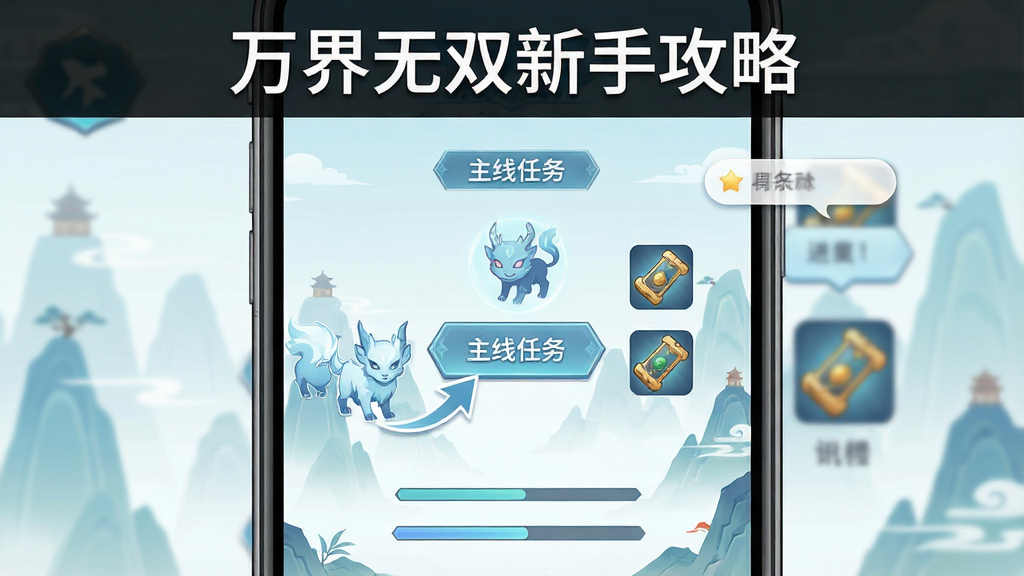 画面展示一部手机屏幕内呈现修仙游戏的新手引导界面,屏幕上有箭头指引点击主线任务按钮,旁边有灵宠与法宝图标,背景为简洁的国风仙山图案,画面采用扁平化插画风格,色调以浅蓝与白色为主,细节包含UI按钮、文字标签、进度条与提示气泡,排版为竖屏居中,画质高清,干净无多余元素,图片上方书写文字“万界无双新手攻略”。