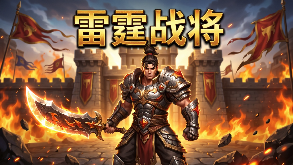 一张展示雷霆战将手游主界面的宣传图,主体是手持屠龙宝刀的战士角色站在沙巴克城门前,布局采用居中构图,上方用金色大字写着