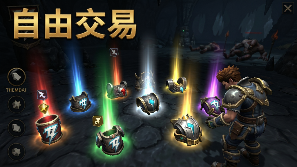 一张展示雷霆战将装备掉落与交易界面的图片,主体是地面上散落着多件发光装备,旁边有玩家角色正在拾取,布局采用近景特写,上方用金色字体写着