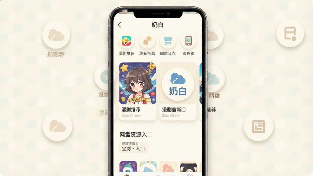 一张手机应用界面展示图,主体为奶白软件主页面,布局中央是漫剧推荐卡片和网盘资源入口,排版清晰分栏,风格清新简约,细节包含圆形图标、柔和阴影、浅色背景,画质高清干净,无多余元素,画面中显示文字“奶白”