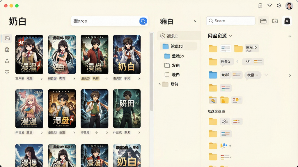 一张软件功能展示图,主体为奶白软件的漫剧网盘聚合界面,布局左侧是漫剧封面列表,右侧是网盘资源文件夹,排版对称整齐,风格现代清爽,细节包含缩略图、标签、搜索框,画质高清干净,无多余元素,画面中显示文字“奶白”