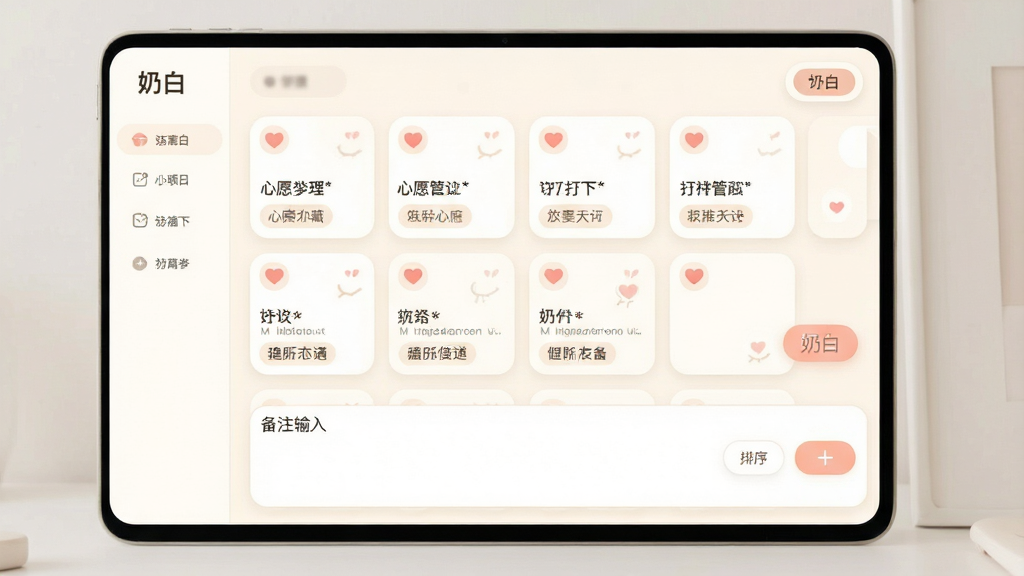 一张软件功能展示图,主体为奶白软件的心愿收藏管理页面,布局上方是心愿卡片网格,下方是备注输入区,排版紧凑有序,风格柔和圆角,细节包含爱心图标、标签、排序按钮,画质高清干净,无多余元素,画面中显示文字“奶白”