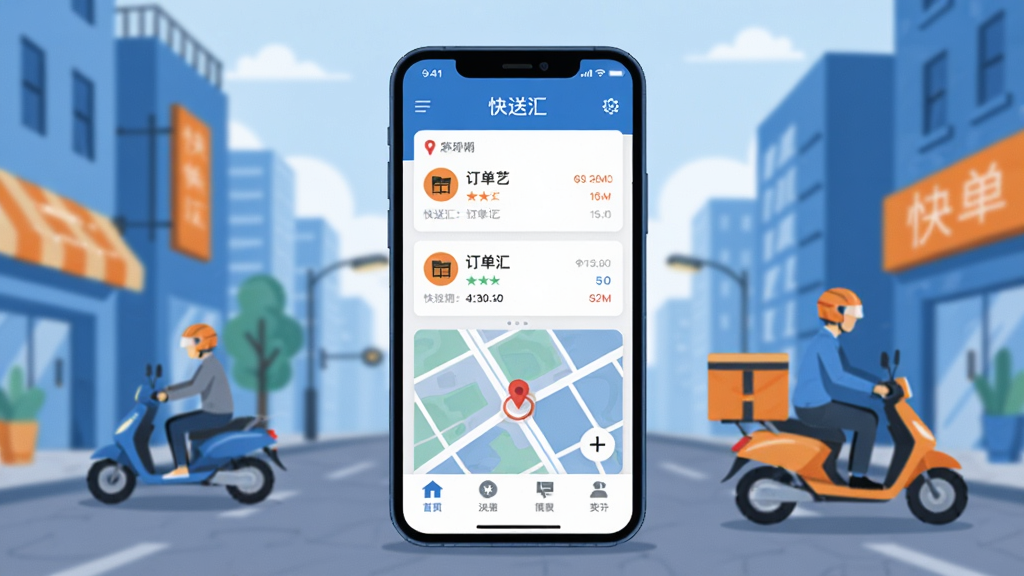 画面中央是一部智能手机,屏幕上显示“快送汇”应用的主界面,界面上有订单列表和地图导航模块,背景是城市街道与骑手配送的场景,整体采用扁平化插画风格,色调以蓝色和橙色为主,画面干净整洁,细节清晰,排版居中,画质高清,无多余元素
