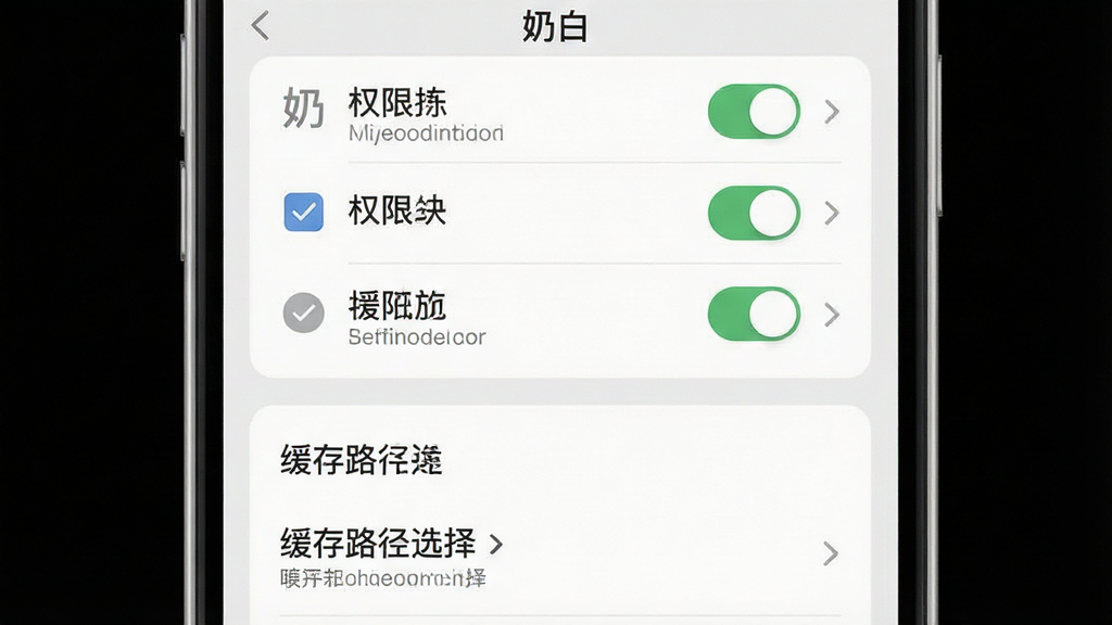 一张手机操作示意图,主体为奶白软件的新手设置页面,布局上方是权限开关列表,下方是缓存路径选择,排版简洁明了,风格浅灰质感,细节包含勾选框、箭头指示、提示文字,画质高清干净,无多余元素,画面中显示文字“奶白”