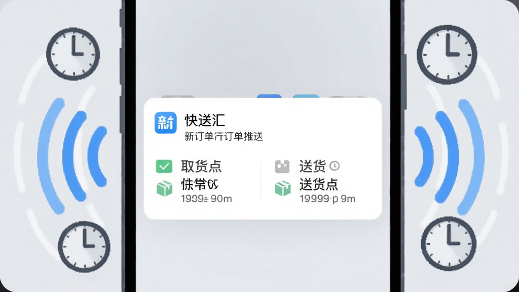 一部手机屏幕特写,屏幕上弹出“快送汇”新订单推送通知卡片,卡片上显示取货点和送货点信息,手机周围环绕着动态信号波纹和时钟图标,背景为浅灰色,扁平化设计风格,画面简洁,主体突出,画质清晰,无多余元素