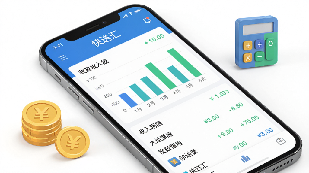 手机屏幕展示“快送汇”收入统计页面,页面中有柱状图和收入明细列表,旁边有金币和计算器图标作为装饰,背景为白色,采用简约商务风格,排版整齐,色调以蓝色和绿色为主,画质高清,干净无多余元素