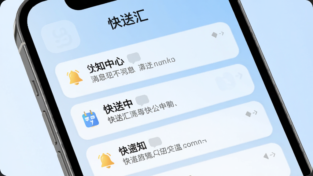 手机界面展示“快送汇”消息通知中心,屏幕上有多条通知卡片,卡片上有铃铛图标和文字信息,背景为浅蓝色渐变,采用柔和圆角设计风格,排版清晰,画质干净,无多余元素