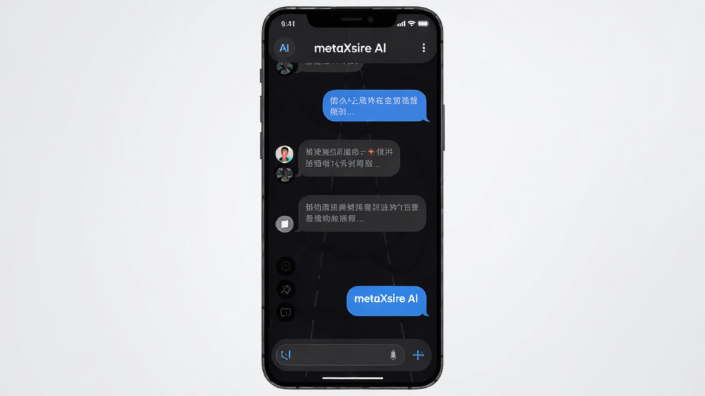 一张展示 metaXsire AI 安卓手机应用界面的横版预览图,画面中央是一部竖屏智能手机,屏幕内显示深色主题的AI对话窗口,顶部有 metaXsire AI 字样,对话气泡清晰可见,背景为干净的浅灰渐变,整体布局简洁居中,风格现代科技感,细节包括圆角图标、状态栏和输入框,画质高清,干净,无多余元素