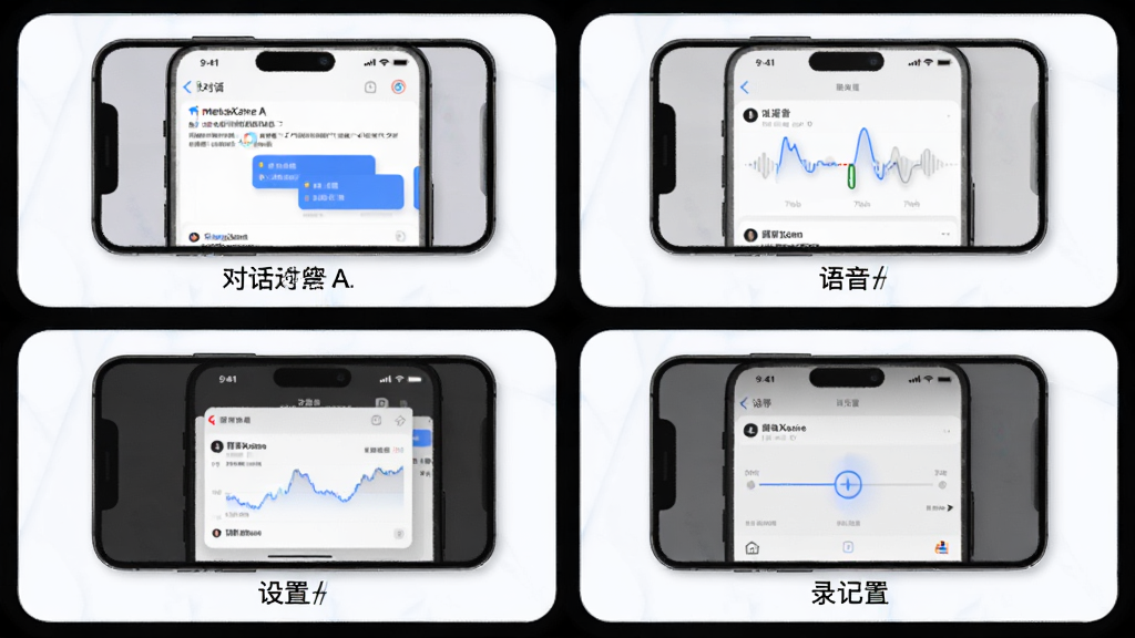 一张 metaXsire AI 界面功能说明图,画面采用四宫格布局,分别展示对话、语音、设置、记录四个模块的手机截图缩略图,每格下方配有简短文字标签,整体风格清爽统一,细节包括浅色背景、圆角卡片和柔和阴影,画质高清,干净,无多余元素