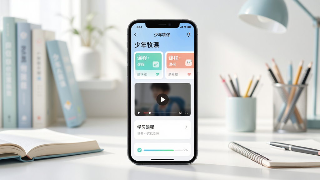 画面中央展示一部智能手机,手机屏幕上显示“少年牧课”应用的主界面,界面包含课程卡片、视频播放窗口和学习进度条,背景是明亮的书房环境,书桌上摆放着书本和文具,整体布局采用中心构图,风格清新现代,细节上强调界面的清晰度和色彩柔和度,画质高清,干净,无多余元素