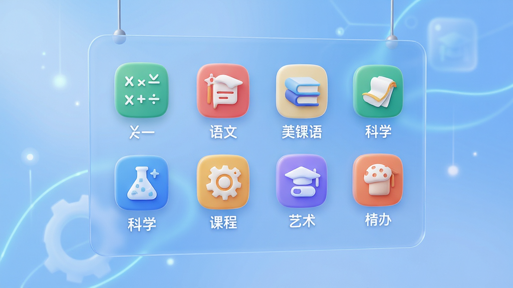 画面主体是一块悬浮的虚拟课程面板,面板上整齐排列着数学、语文、英语、科学、艺术等学科图标,每个图标下方标注课程名称,背景是柔和的渐变蓝色,布局采用网格状排列,风格科技感与教育感结合,细节上图标圆润清晰,画质高清,干净,无多余元素