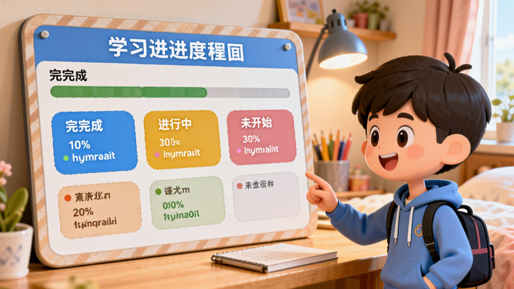 画面中央是一张学习进度看板,看板上用不同颜色标注已完成、进行中和未开始的课程,看板旁边有一个卡通形象的学生正在查看进度,背景是温馨的卧室书桌场景,布局采用左右分栏,风格活泼明快,细节上进度条和标签清晰可见,画质高清,干净,无多余元素