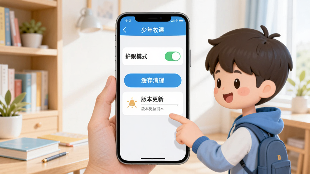 画面展示一部手机屏幕上显示少年牧课应用的设置界面,界面中包含护眼模式开关、缓存清理按钮、版本更新提示等选项,旁边有一个卡通人物正在操作手机,背景是明亮的书房环境,布局采用中心构图,风格简洁实用,细节上按钮和文字清晰可见,画质高清,干净,无多余元素