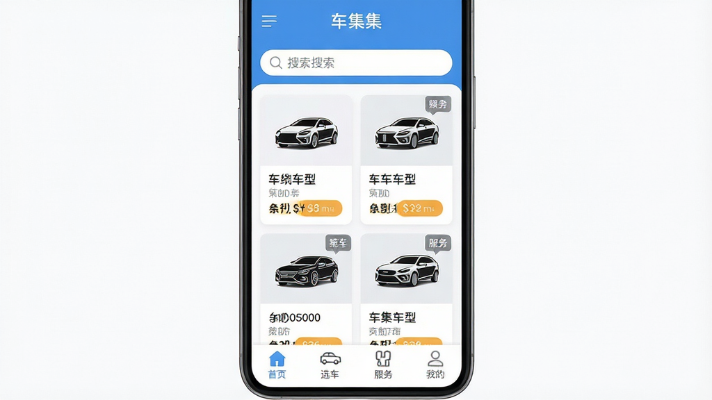 手机屏幕中央展示“车集集”应用主界面,顶部搜索栏,中部卡片式展示汽车车型与报价信息,底部导航栏包含首页、选车、服务、我的四个图标,整体布局简洁清晰,风格为现代扁平化设计,细节包括汽车轮廓图标与价格标签,画质高清,画面干净,无多余元素