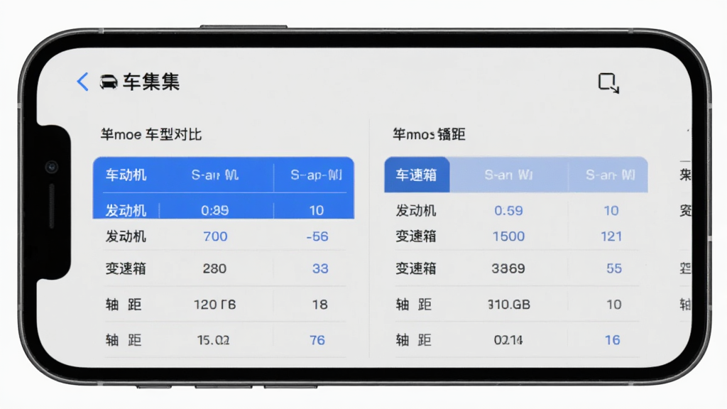 一部智能手机屏幕中显示“车集集”车型对比页面,左右分栏列出两款汽车的参数表格,包含发动机、变速箱、轴距等数据,背景为浅灰色,界面风格简洁商务,细节有蓝色高亮选中项,画质清晰,画面干净,无多余元素
