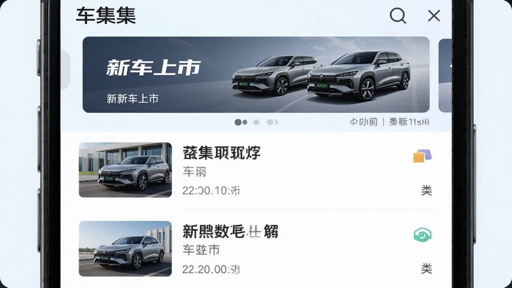 手机屏幕显示“车集集”资讯列表页面,每条资讯配有缩略图与标题,顶部有轮播图展示新车上市广告,整体风格清新浅色,细节包括时间标签与分类图标,画质清晰,画面干净,无多余元素