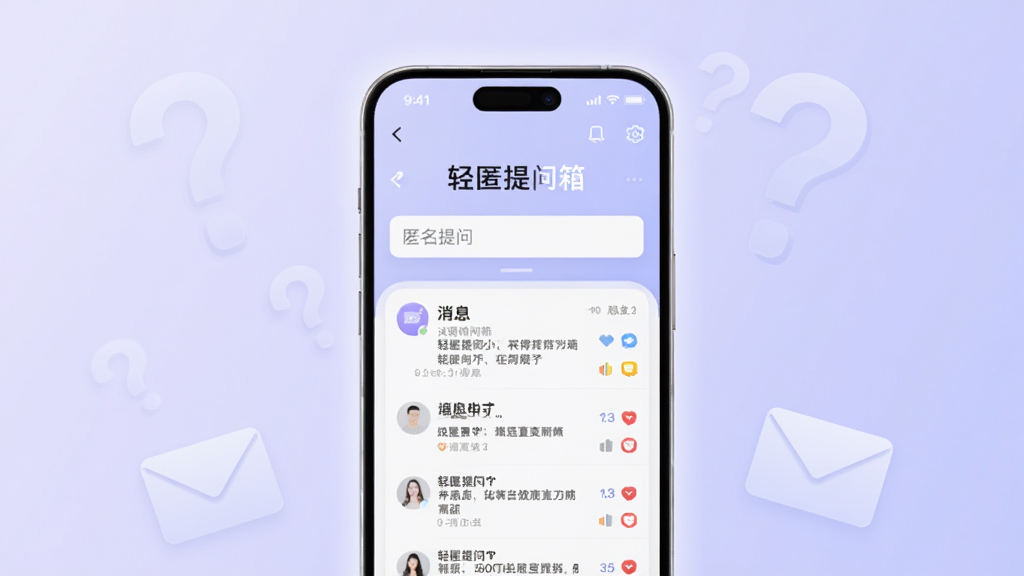 画面中央放置一部智能手机,手机屏幕上显示「轻匿提问箱」应用界面,界面中有匿名提问输入框和消息列表,背景为淡紫色渐变,周围点缀几个半透明的问号图标和信封图标,整体布局简洁明快,风格清新现代,细节上手机边缘有柔和光晕,画质高清,干净,无多余元素