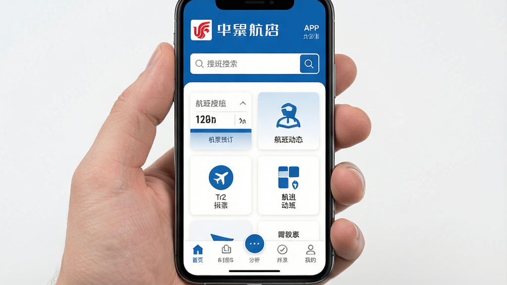手机屏幕展示中华航空APP首页界面,页面顶部显示中华航空标志与航班搜索框,中部为机票预订与航班动态图标,底部导航栏清晰,整体采用蓝白配色,风格简洁商务,画质清晰干净,无多余元素