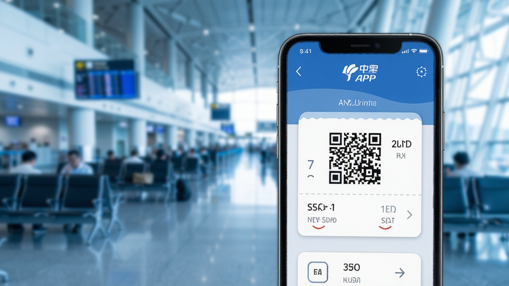 中华航空APP在线值机界面,手机屏幕显示电子登机牌二维码与座位信息,背景为机场候机楼虚化场景,蓝白色调,风格现代简约,画质清晰,无多余元素