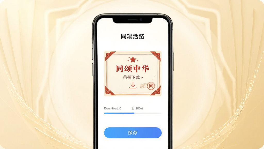 一张展示手机应用证书下载页面的图片,画面中手机屏幕显示“同颂活路”证书下载界面,一张带有“同颂中华”字样的荣誉证书正在被下载,周围有下载进度条和保存按钮,背景为柔和的浅金色光晕,风格简约大气,细节清晰,画质干净,无多余元素