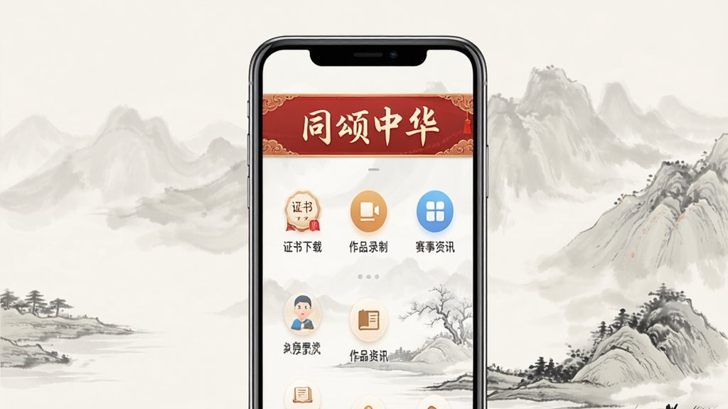 一张手机屏幕展示中华经典诵读应用界面的场景图,画面中央是“同颂活路”应用主界面,上方有“同颂中华”字样横幅,界面中排列着证书下载、作品录制、赛事资讯等功能图标,背景为淡雅的中国风水墨纹理,风格简洁现代,细节清晰,画质干净,无多余元素
