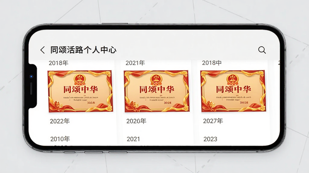 一张展示个人荣誉档案页面的手机应用截图风格图片,画面中手机屏幕显示“同颂活路”个人中心,列表中有多张“同颂中华”证书缩略图,按年份排列,背景为淡灰色极简风格,细节清晰,画质干净,无多余元素