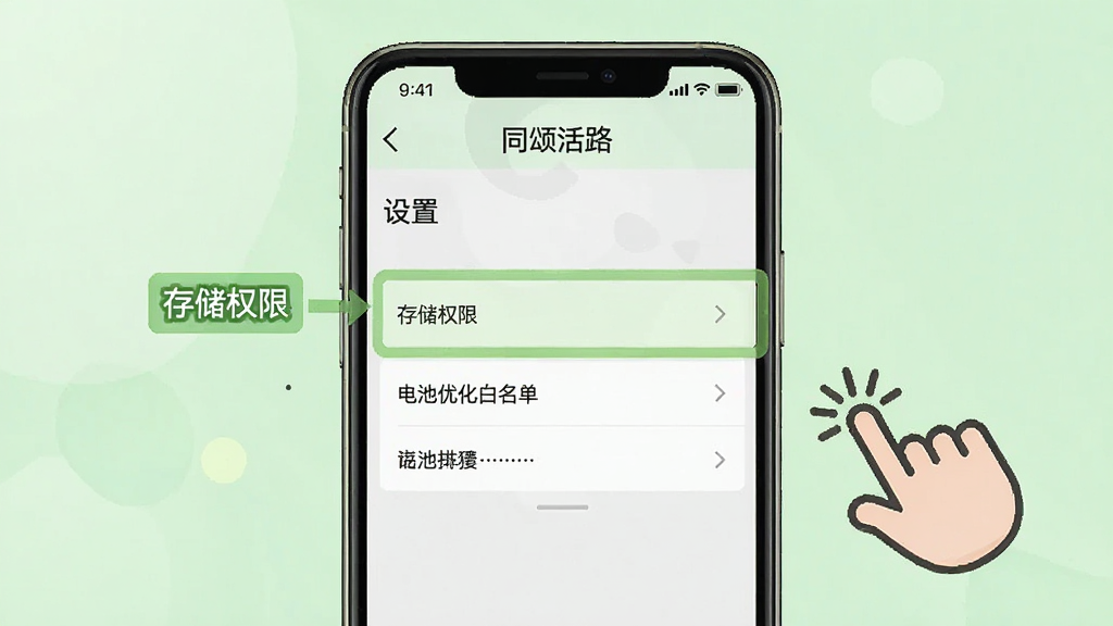 一张手机应用使用教程示意图,画面中手机屏幕显示“同颂活路”设置界面,高亮标注“存储权限”“电池优化白名单”等选项,旁边有手指点击的图标,背景为浅绿色清新风格,细节清晰,画质干净,无多余元素
