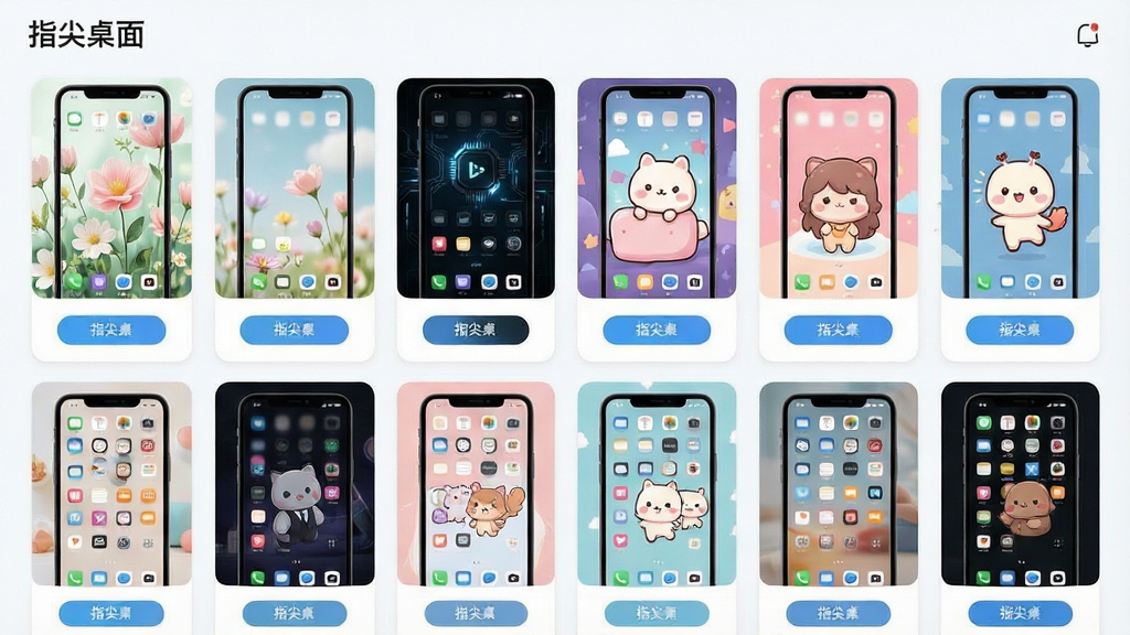 一张“指尖桌面”主题商城界面展示图,画面中整齐排列着多款不同风格的手机桌面主题预览卡片,包含清新花卉、暗黑科技、可爱卡通等风格,每张卡片上显示主题缩略图和套用按钮,布局采用网格排版,风格明亮清爽,细节精致,画质干净清晰,画面中带有“指尖桌面”文字标识