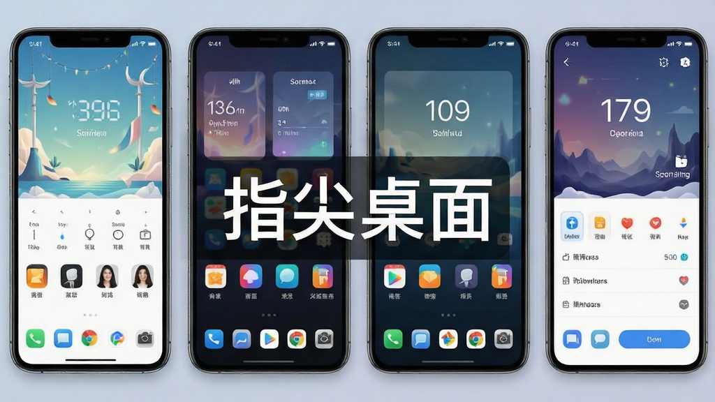 一张手机桌面美化软件对比展示图,画面中并排展示多款桌面美化应用的界面截图,每款应用显示不同的主题风格和功能特点,布局整齐,风格简洁商务,细节清晰,画质干净,画面中带有“指尖桌面”文字标识
