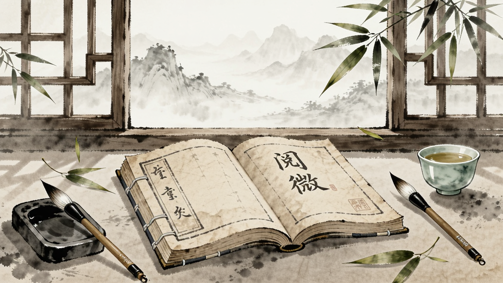 一幅展现古典书房场景的插画,画面中央是一本摊开的古籍线装书,书页上隐约可见「阅微」二字,四周环绕着毛笔、砚台、青瓷茶杯和几片飘落的竹叶,背景是半开的木质窗棂与朦胧的远山轮廓,整体布局疏密有致,风格为中国传统水墨淡彩,细节上注重纸张纹理与墨迹晕染效果,画质清晰干净,无多余元素干扰