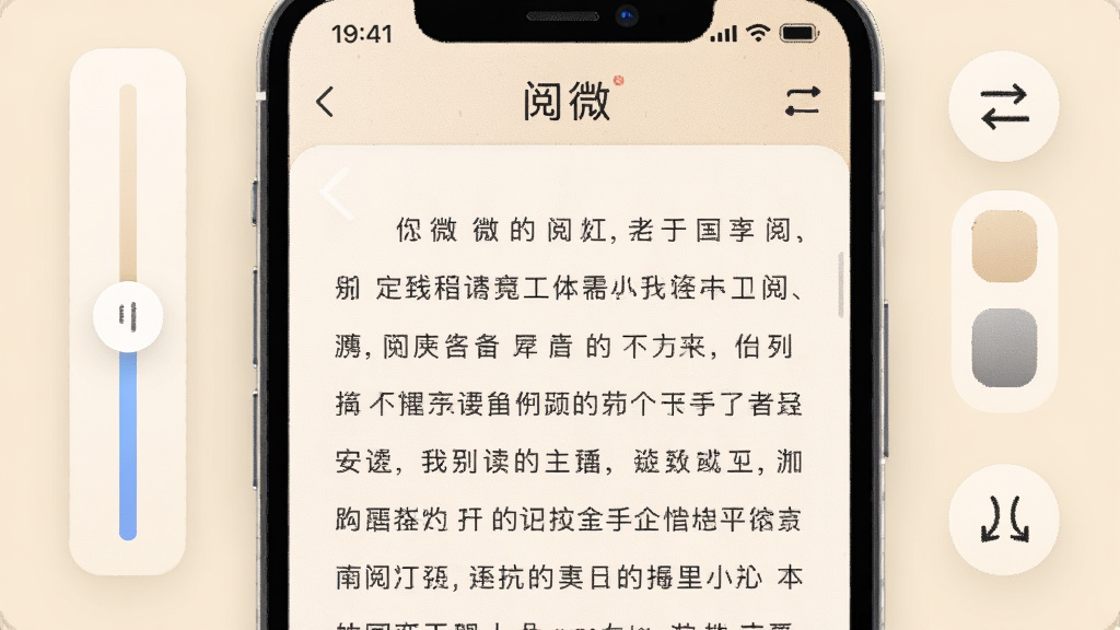 一部智能手机的屏幕特写,屏幕上显示着「阅微」软件的阅读界面,背景为柔和的米黄色,文字清晰排列,屏幕周围环绕着可调节的字体大小滑块、主题色块和翻页动画图标,整体布局为居中对称式,风格为扁平化UI展示,细节上注重界面元素的质感与层次,画质清晰干净,无杂乱背景