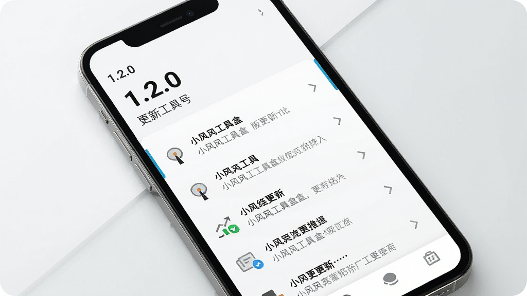 一张展示小风车工具盒版本更新历程的时间轴信息图,画面以手机屏幕为载体,屏幕上显示版本号“1.2.0”及更新日志列表,背景为干净的白色与淡灰色搭配,风格商务简洁,排版整齐,画质清晰锐利,突出软件持续维护的可靠性