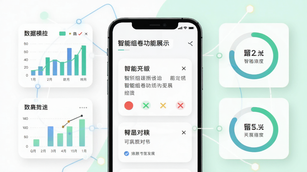 ExamCrafts 智能组卷功能展示图,画面中一部手机显示题目卡片与对错标记,周围环绕数据图表和进度圆环,背景为白色与淡绿色搭配,风格简洁科技感,细节清晰,画质干净,无多余元素