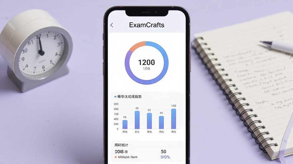 ExamCrafts 模拟考试成绩报告界面图,画面中手机屏幕显示分数圆环、柱状图与用时统计,背景为淡紫色学习桌面,旁边有计时器和笔记本,风格现代简约,细节清晰,画质干净,无多余元素