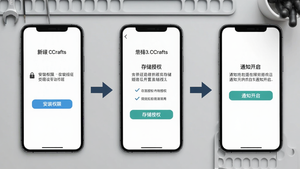 ExamCrafts 新手安装设置流程图,画面中手机屏幕依次展示安装权限、存储授权、通知开启三个步骤,背景为浅灰色工作台,旁边有箭头引导,风格清晰信息图,细节明确,画质干净,无多余元素