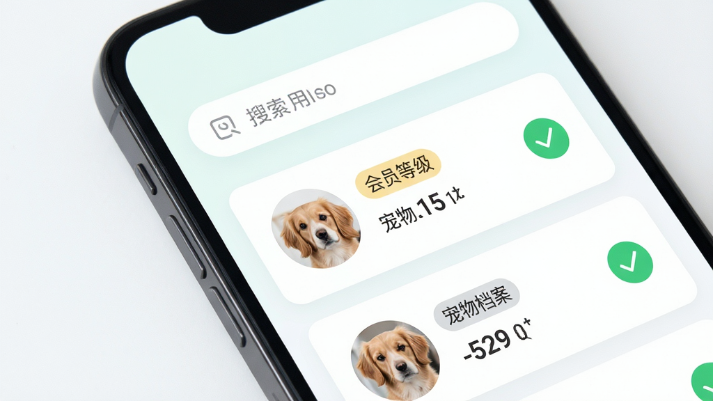 宠星万象软件会员管理界面,画面主体是手机屏幕特写,屏幕内展示会员列表和宠物档案卡片,布局为上下结构上方搜索栏下方卡片式列表,排版清晰易读,风格为清新浅色系UI,细节包含宠物头像、会员等级标签、积分数字和绿色对勾图标,画质高清,画面干净,无多余元素
