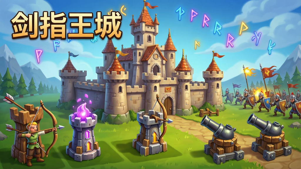一张以中世纪奇幻战争为主题的策略塔防游戏宣传图,画面中央是一座宏伟的城堡,城堡前方排列着弓箭手塔、魔法塔和炮台等防御建筑,远处有敌军士兵正在进攻,天空中漂浮着魔法符文,整体风格为欧美卡通渲染,色彩饱满,细节丰富,画质清晰,干净,无多余元素,画面中带有文字“剑指王城”