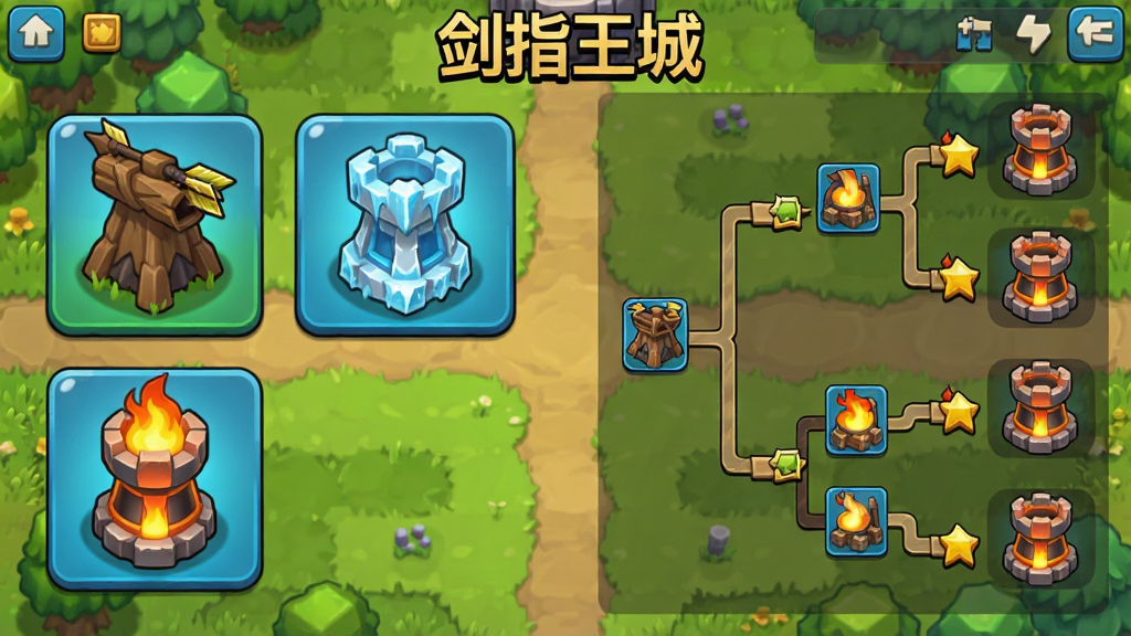 一张展示剑指王城游戏内防御塔搭配界面的插图,画面中左侧是箭塔、冰霜塔、火焰塔三种防御塔的图标,右侧是升级路线分支图,背景是游戏中的草地和路径,风格为卡通策略游戏UI,色彩明亮,排版清晰,细节精致,画质干净,无多余元素,画面中带有文字“剑指王城”