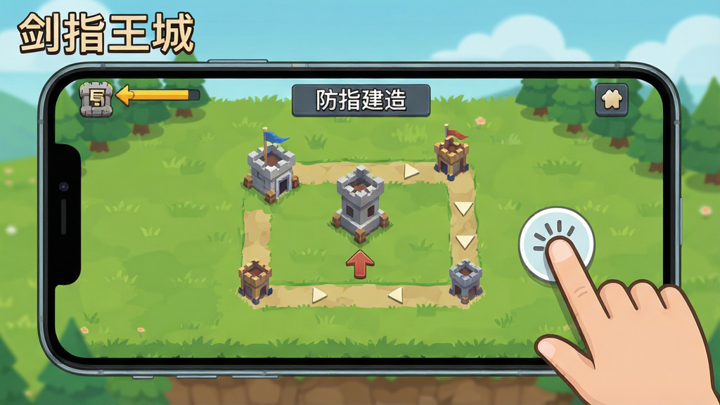 一张展示剑指王城游戏内新手引导界面的插图,画面中是一个手机屏幕,屏幕内显示防御塔建造菜单和路径指示箭头,旁边有手指点击的图标,背景是游戏中的草地场景,风格为扁平化教学插画,色彩清新,排版简洁,细节清晰,画质干净,无多余元素,画面中带有文字“剑指王城”