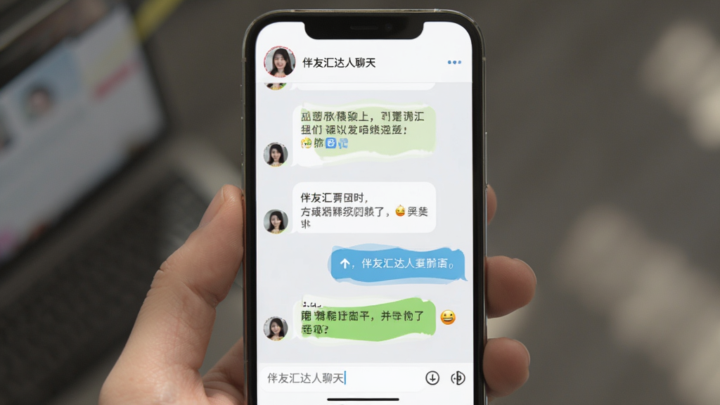伴友汇达人聊天界面,手机屏幕中显示对话气泡和输入框,对话内容包含文字和表情,背景为浅灰色聊天背景,顶部有用户头像和昵称,风格清爽自然,画质干净