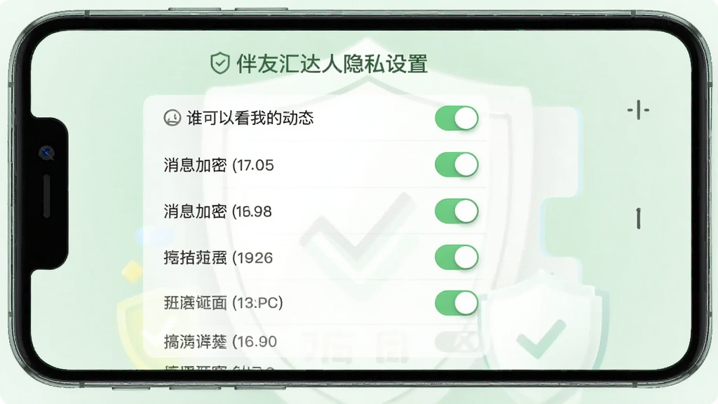 伴友汇达人隐私设置页面,手机屏幕中显示隐私选项开关列表,包含“谁可以看我的动态”“消息加密”等设置项,背景为淡绿色安全主题色,风格严谨清晰,画质干净整洁