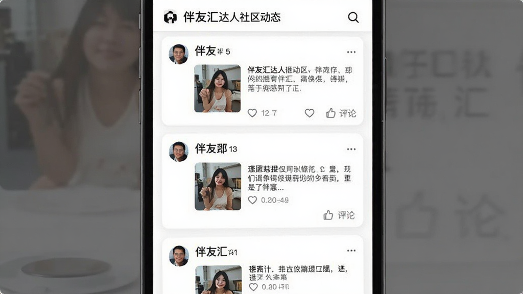 伴友汇达人社区动态页面,手机屏幕中展示多条用户动态卡片,包含图片、文字描述和点赞评论按钮,背景为白色信息流,风格简约现代,画质高清无杂乱元素