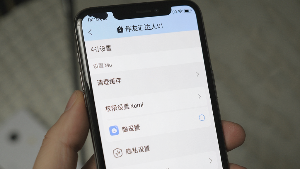 伴友汇达人移动端操作界面截图,手机屏幕中展示设置页面和权限管理选项,画面清晰展示清理缓存和隐私设置入口,背景为浅色主题,风格简洁实用,画质高清