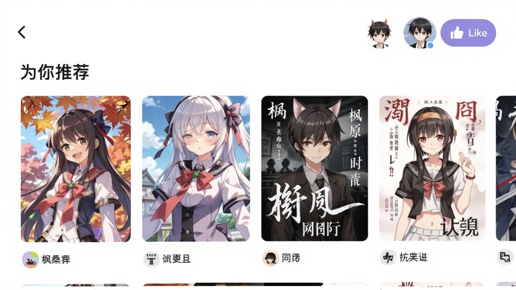 一张展示枫桑二次元个性化推荐页面的手机截图,画面中显示“为你推荐”板块,包含多张二次元图片和同人小说封面,旁边有用户头像和点赞按钮,界面布局清晰,配色柔和,高清画质,无多余元素