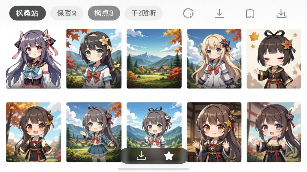 一张展示枫桑二次元图库浏览界面的手机截图,画面中排列着多张精美的二次元插画缩略图,有动漫角色、风景、Q版人物等,界面顶部有分类筛选按钮,底部有下载和收藏图标,风格简洁明快,高清画质,无多余元素