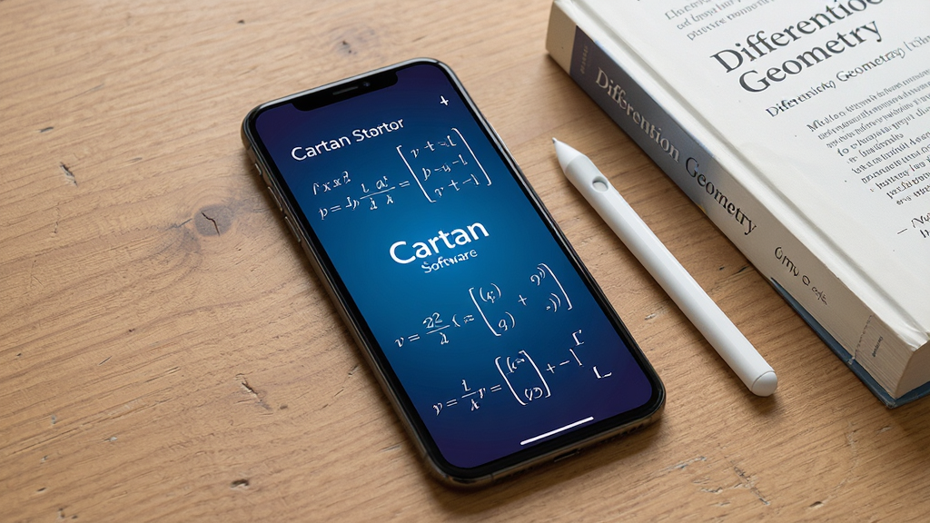 一张手机屏幕展示数学几何计算软件的界面,画面中央是Cartan软件的启动页,背景为深蓝色渐变,屏幕上有白色的数学公式和矩阵图形,手机放置在木质桌面上,旁边有一支触控笔和一本翻开的微分几何教材,整体风格为写实产品摄影,细节清晰,干净无多余元素,画质高清