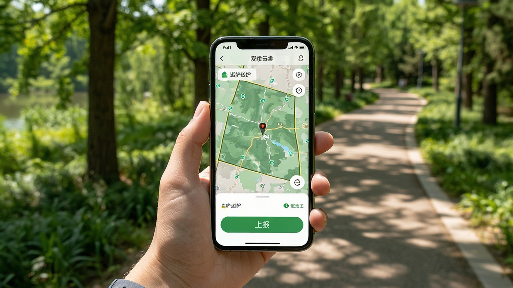 观云集移动端使用场景,画面为一只手拿手机在公园步道中使用软件,屏幕显示巡护地图与上报按钮,背景为绿树与步道,布局为竖版构图,风格真实自然,细节包含阳光与阴影,画质清晰,干净,无多余元素