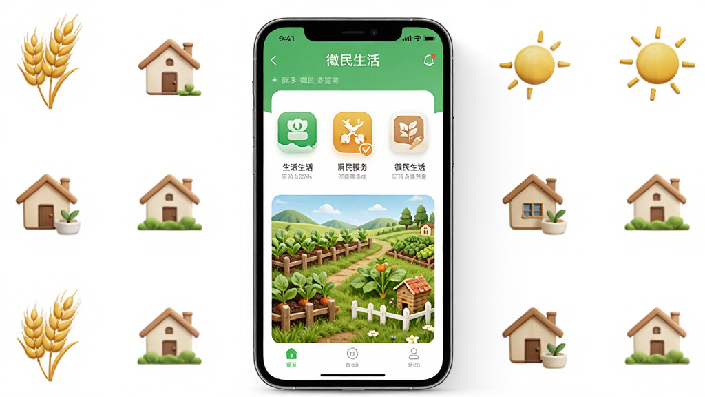 画面中央展示一部智能手机,屏幕里显示“微民生活”应用界面,界面包含生活服务图标和绿色农场场景,手机周围环绕着麦穗、房屋、太阳等小图标,布局简洁对称,风格清新写实,细节丰富,画质高清,干净无多余元素,无文字乱码